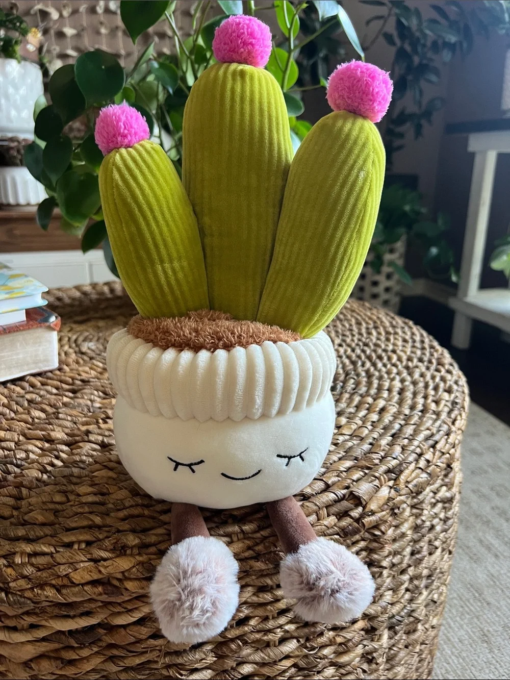 Plush Green Cactus Pot with Pink Pom-Pom Accents